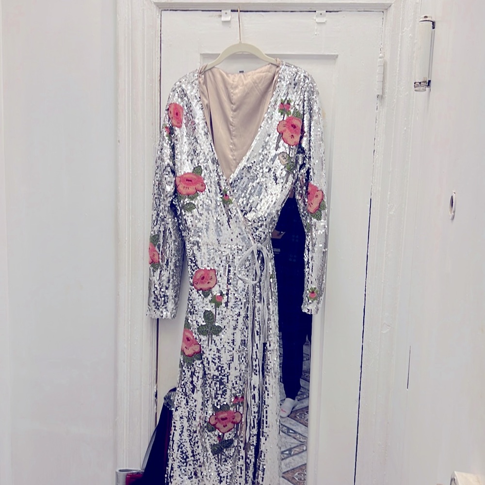 Topshop sequence boutique silver wrap dress with red flowers,  green leaves